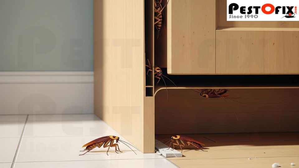 Cutaway view of kitchen cabinet baseboard showing hidden cockroach nest