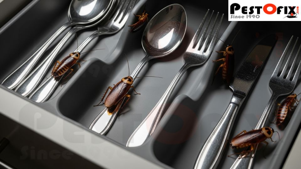 Cockroaches hiding inside a kitchen drawer among utensils