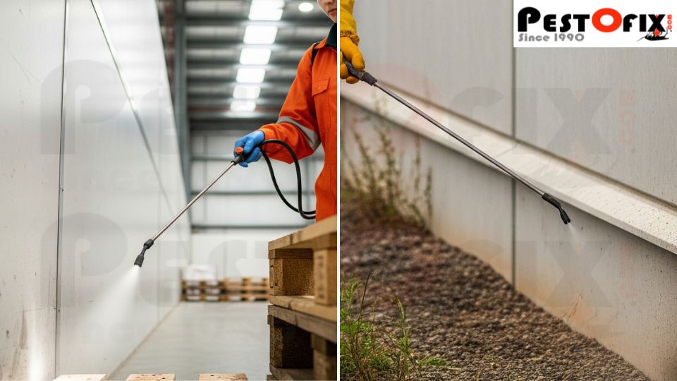 Technician spraying termite treatment chemical on warehouse wooden surfaces