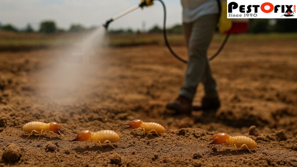 Pest control technician spraying anti-termite chemical directly on soil where termites are visible during pre-construction treatment in Delhi