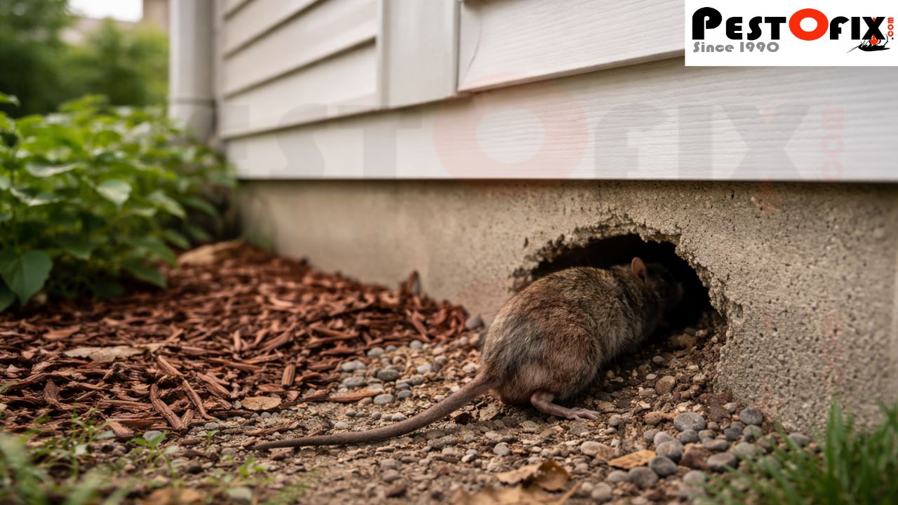 Rat entry point through a small gap in a residential home foundation