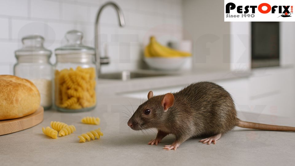 Rat moving across a clean kitchen countertop near food