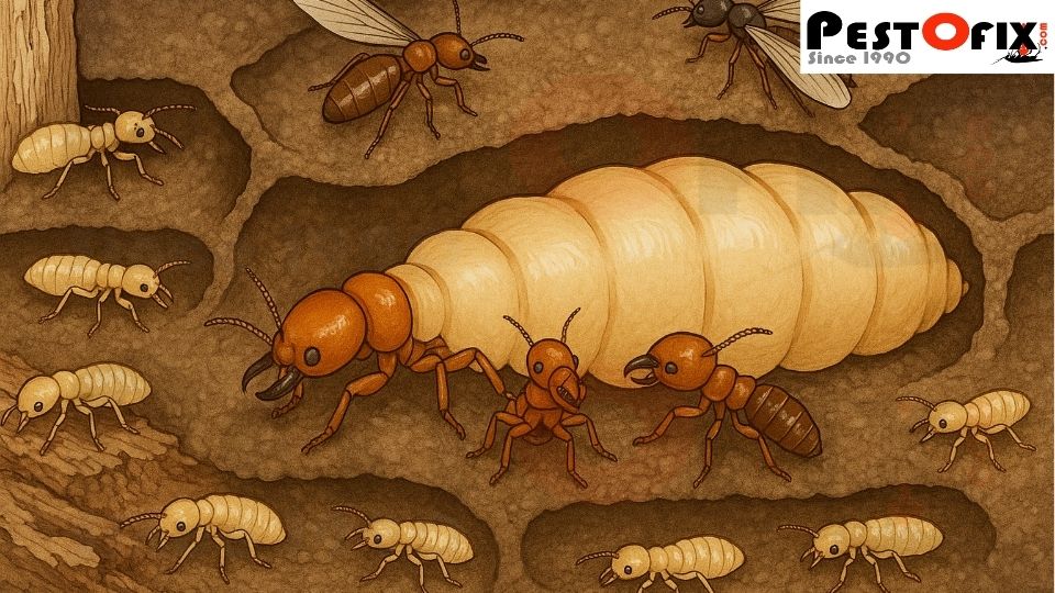 Detailed labeled diagram of a termite colony structure showing workers, soldiers, reproductives, with the queen prominently in the center