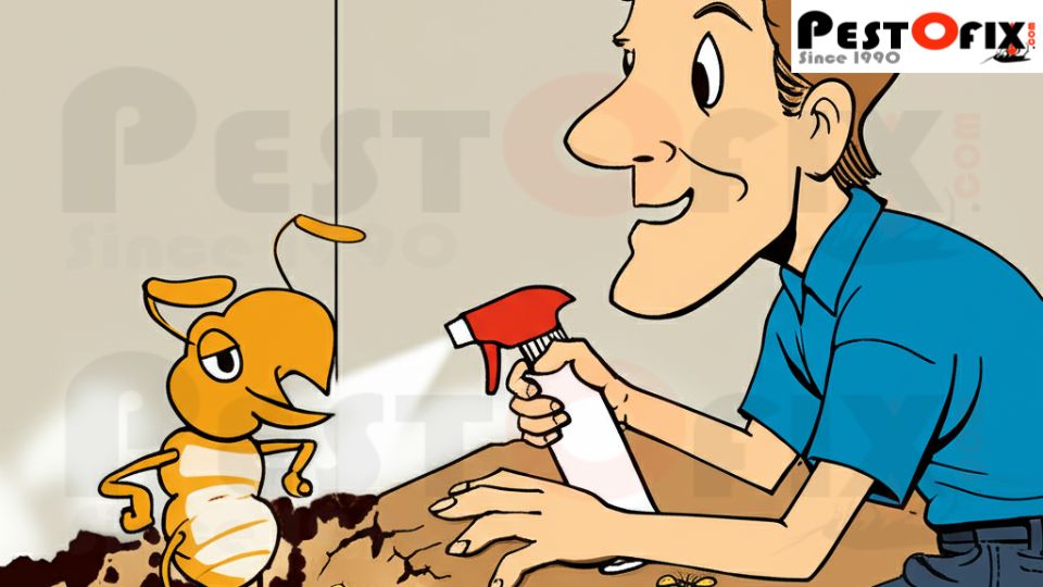 Man spraying termite insecticide indoors while termites laugh and mock him, showing resistance to DIY treatments