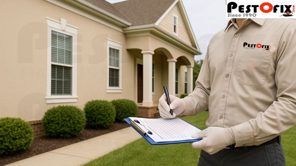 Termite control expert inspecting property with a checklist in Delhi