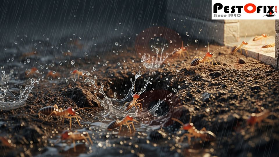 Illustration showing termites fleeing a flooded colony and moving toward a nearby home foundation during monsoon