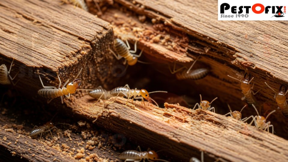 Close-up of termites damaging wooden beams from inside