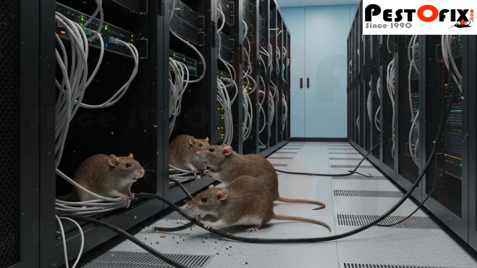 Rats chewing electrical wiring in a corporate server room — fire and outage hazard