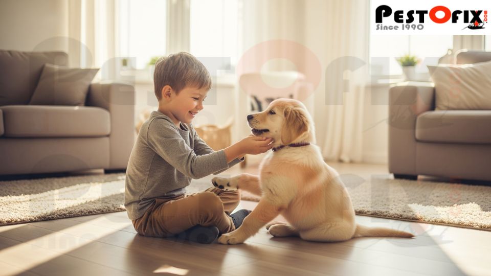 Happy child playing with a dog in a safe, treated home