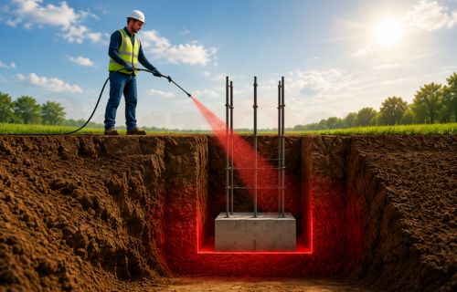Worker applying termiticide into foundation trenches and column bases