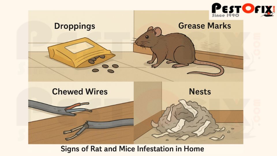 Common signs of rat and mouse infestation — droppings, gnaw marks and nests